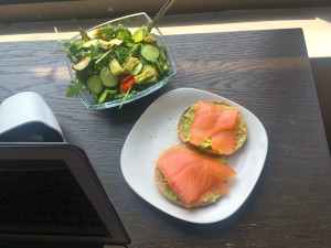 desk lunch salmon toast and salad