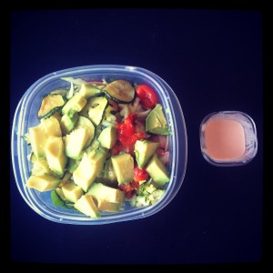 Salad with burst tomatoes, langostino tails, avocado, and Greek yogurt Sriracha dressing 
