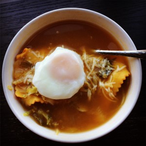 pumpkin ravioli soup with egg