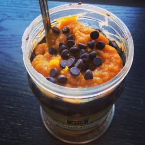 pumpkin chocolate oats in a jar