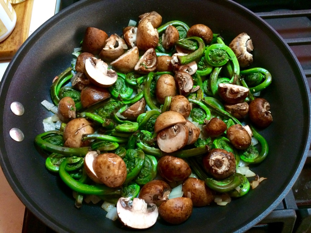 fiddleheads and mushrooms